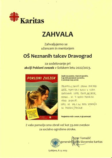 Zahvala za sodelovanje pri akciji Pokloni zvezek